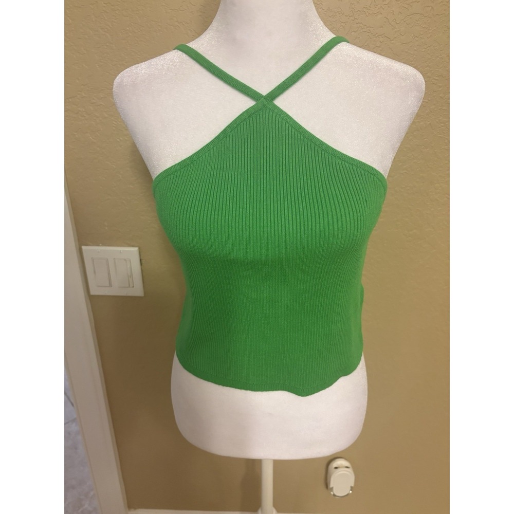 H&M Women's Vibrant Green Rib Knit Crop Halter Top, Stretchy, Large